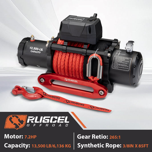 RUGCEL 12V 13500LB WINCH Red Synthetic Rope