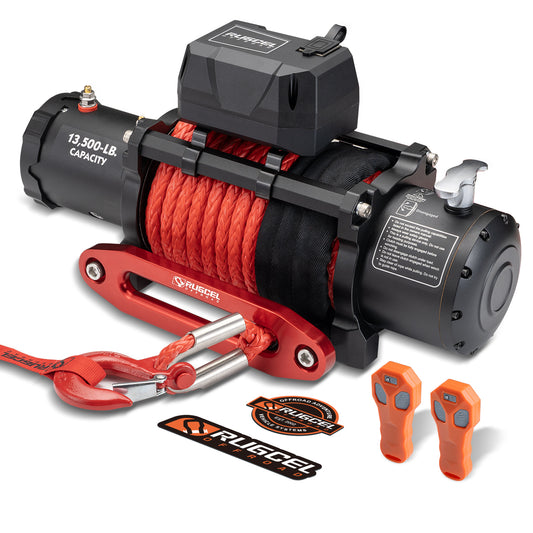 RUGCEL 12V 13500LB WINCH Red Synthetic Rope