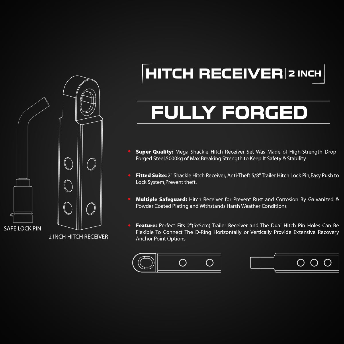 Rugcel Recovery Hitch Receiver 5 Ton with Lock Pin