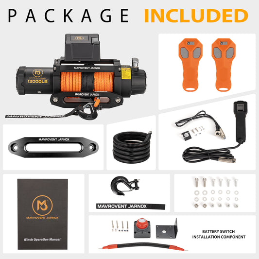 MJ WINCH 12v Electric Winch 12000lb/5443kg Synthetic Rope