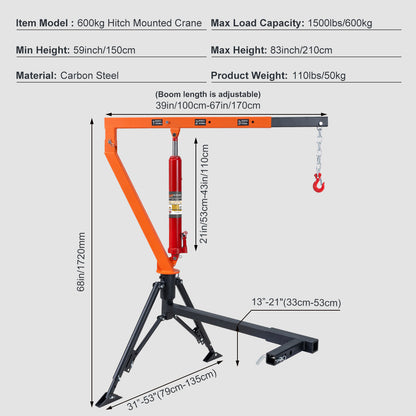 RUGCEL Hydraulic UTE Crane 600kg Hitch Mounted
