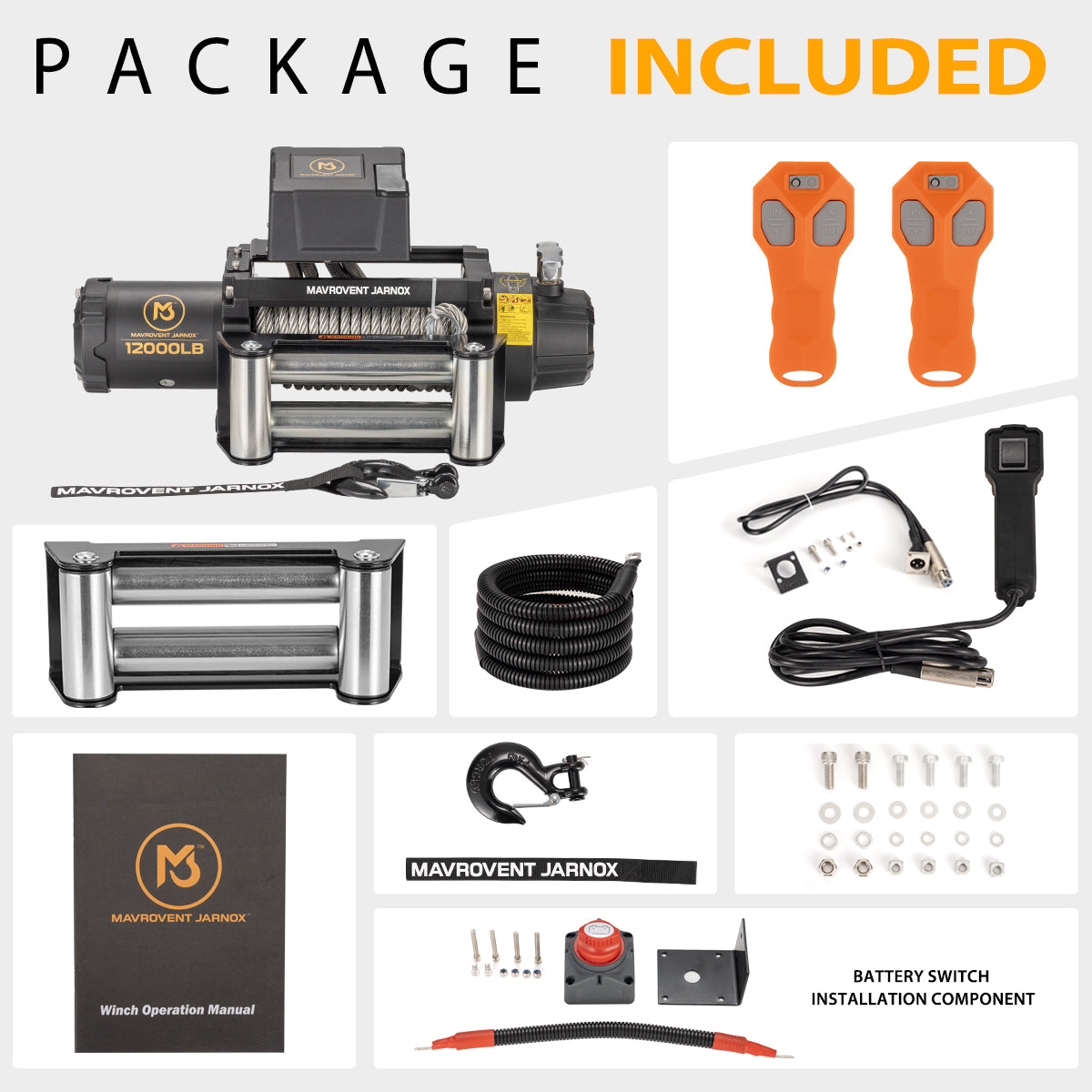 MJ WINCH 12v Electric Winch 12000lb/5443kg Steel Cable